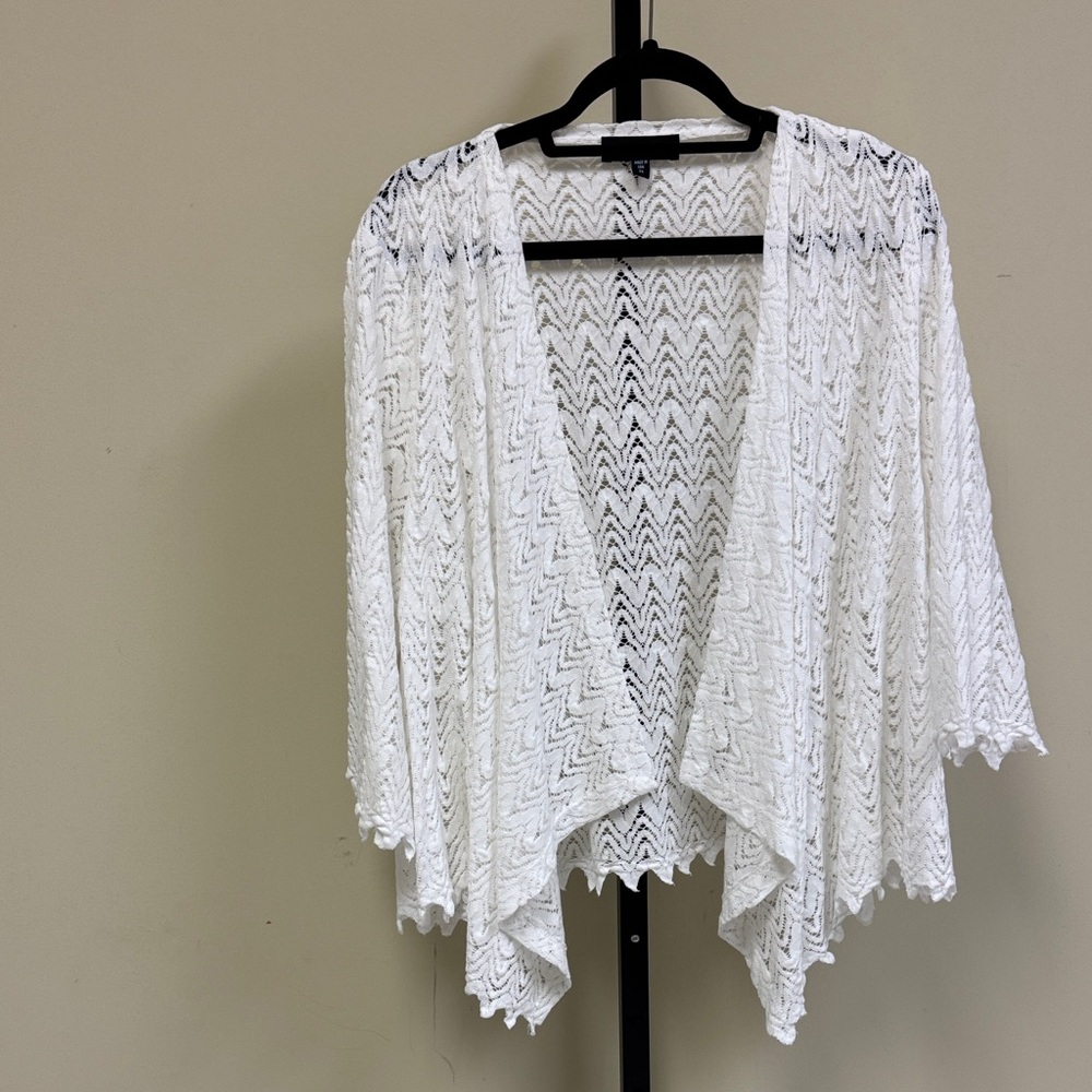 Karen Kane White Crochet Open Front Short Cardigan